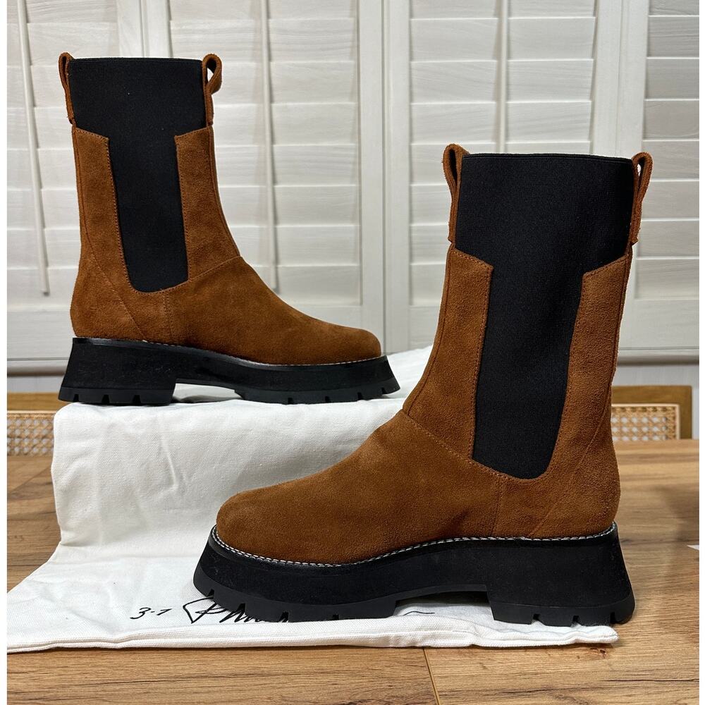 3.1 Phillip Lim Kate Lug Sole Mid Calf Combat Boot Saddle Brown Suede Sz. 10 NIB - Picture 9 of 15